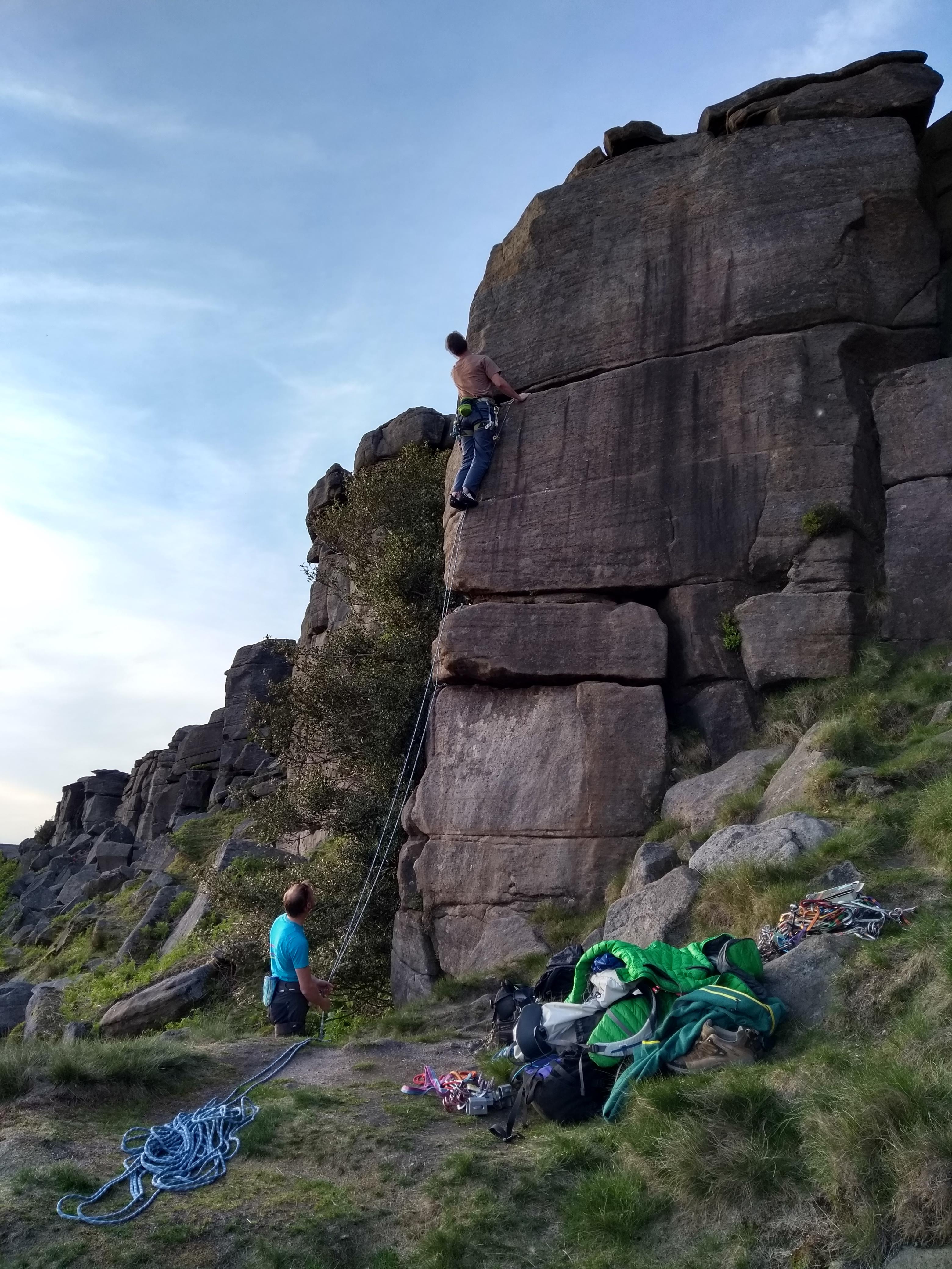 Peak District/Sheffield climbing club on August Arete, Stanage